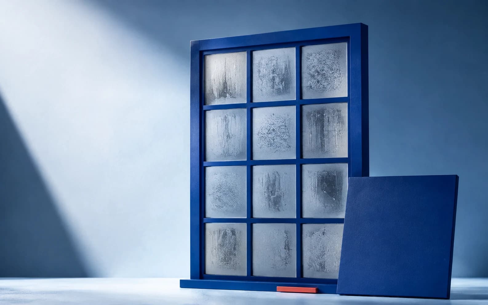 Conceptual artwork: a cobalt frame holds frosted feature studies. This is not an eigenface or embedding plot.